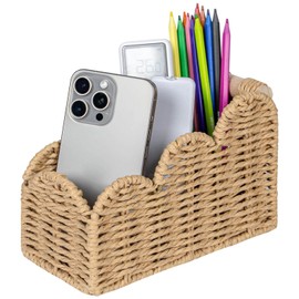 CubesLand Scalloped TV Remote Control Holder Bedside Organizer, Office Desk Caddy Storage Organizer Accessories, Pen Pencil Cup, Makeup Brush Holder, Fits Farmhouse Rustic Decor, Earth Friendly, Beige