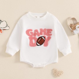 FIOMVA Baby Football Outfits Girl Boy Embroidered Football Sweatshirt Romper Long Sleeve Bubble Romper Fall Sweater Onesie (White Pink Game Day, 12-18 Months)