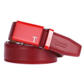Tonywell Belt Mens Leather Ratchet Belt with Automatic 40mm Buckle (One Size:32"-45"Waist, Red Leather&Red Buckle)