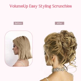 HOOJIH 2PCS Messy Bun Hair Piece, Tousled Updo with Tendrils Hair Bun Extensions Wavy Curly Hair Wrap Ponytail Hairpieces Hair Scrunchies for Women Girls - Light Brown and Blonde Mixed