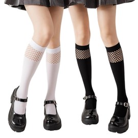 MANJIAMEI Mesh Knee High Socks, 2 Pairs Elastic Soft Velvet Thigh High Socks Breathable Splicing Fishnet Calf-Length Socks, Solid Color Casual Tube Tights Stockings Fashion Pop Socks for Women Girls