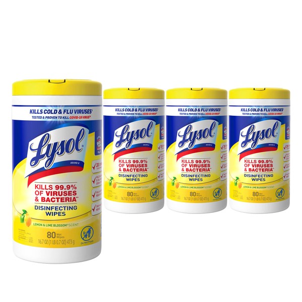 Lysol Disinfectant Wipes, Multi-Surface Antibacterial Cleaning Wipes, For Disinfecting and Cleaning, Lemon and Lime Blossom, 80 Count (Pack of 4)