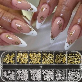 12Gird/Box 3D Cross Metal Star Nail Charms, Gold/Silver Alloy Star Design Metal Nail Rivet Studs Metallic Starlight Stars Sparkle Jewelry Nail Charms DIY Nail Art Decoration Manicure Tool Accessories