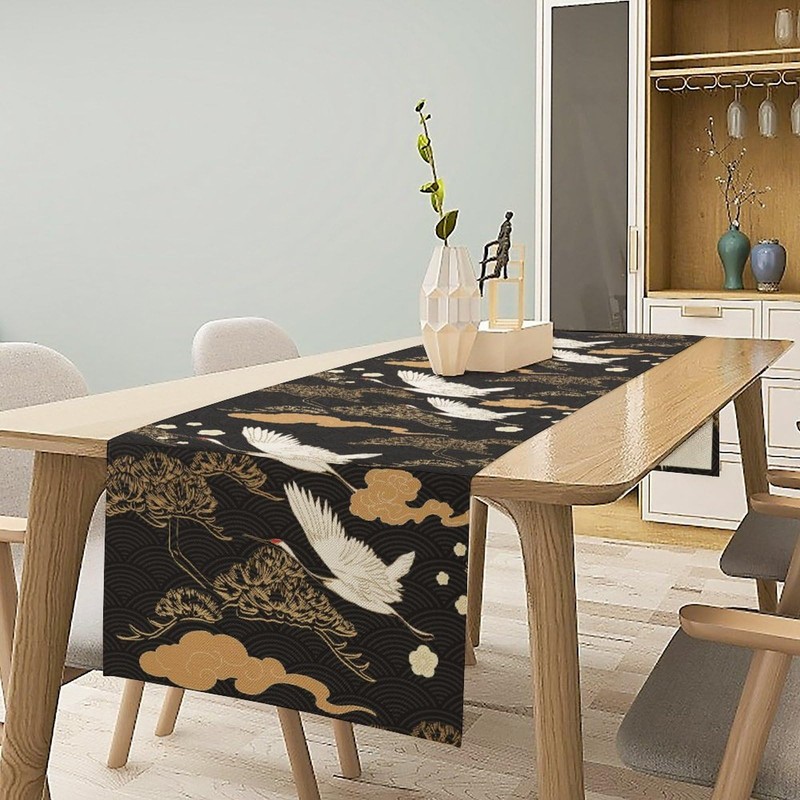 Crane Table Runner, Vintage Luxury Black Golden Asian Japanese Abstract