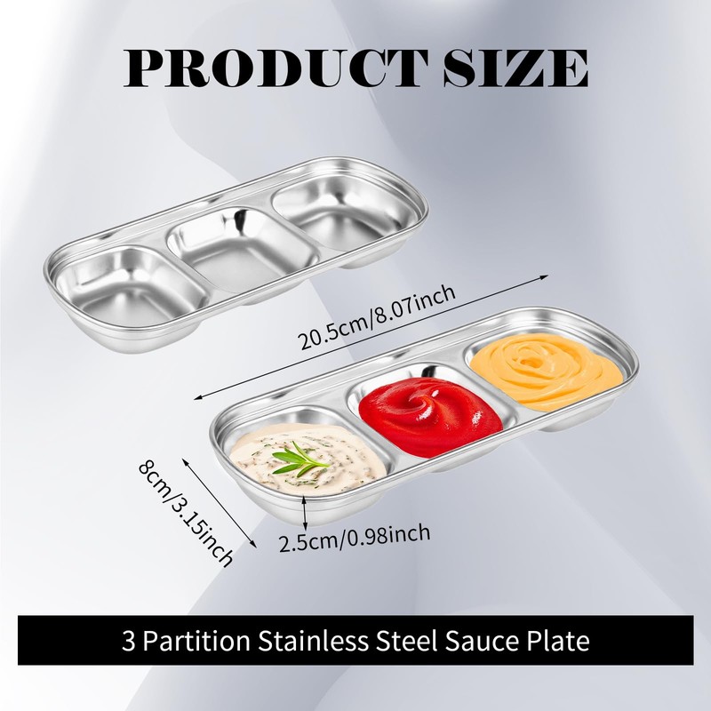 24 Pcs Soy Sauce Dish Stainless Steel Korean 3 Compartment