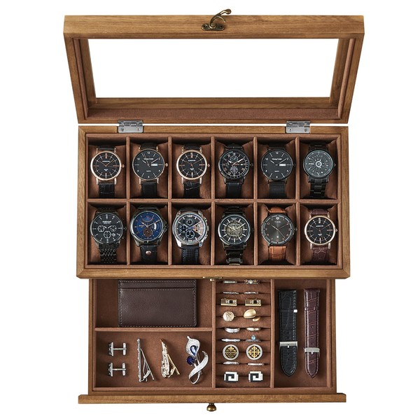 SONGMICS 12-Slot Watch Box, Christmas Gifts, 2-Tier Watch Display Case with Large Glass Lid, Removable Watch Pillows, Velvet Lining, Jewelry Box, Gift Idea, Rustic Walnut UJOW012K01