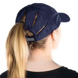 Womens High Ponytail Messy Bun Packable Unstructured Baseball Cap S/M UV Protection Sunhat Summer Running Golf Outdoor SPF 50 Navy Blue