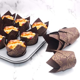 150pcs Tulip Cupcake Liners Baking Cups Muffin Liner Grease-Proof Paper Cupcake Wrappers for Wedding, Birthday Party, Standard Size (Golden Printed, Brown)