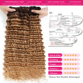 msVenus Ombre Human Hair Deep Wave Bundles T4/27# Brown to Honey Blonde Color Deep Curly Human Hair 3 Bundles For Women Wet and Wavy Bundle (26 28 30 Inches)