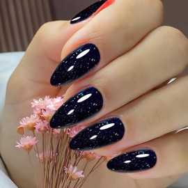 Glitter Black Press on Nails,By Artificial Apply UV Top Coat, Almond Shape Galaxy Fake Nail Set Stick Glue on Nails Set Reusable Complete Set of 24pcs (Dazzling Glitter Black)