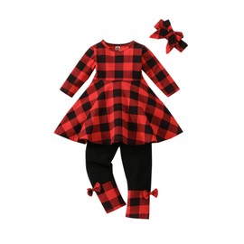 Mecykcsr Toddler-Baby-Girl-Christmas-Clothes Set Fall- Winter Red and black plaid Little Girls Outfits (Red Plaid.4-5T)