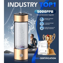 LOZLTX 5.0 Upgrade Hydrogen Water Bottle with Brush【SGS Certification - 5000PPB】【NO.1 Double Hydrogen Content】Hydrogen Water Bottle with 2025 Advanced SPE PEM Technique, GOLD