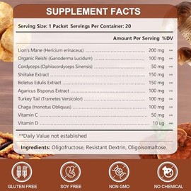 Lion's Mane Mushroom Powder with Lions Mane, Cordyceps, Chaga, Reishi, Shiitake, Boletus, Agaricus Bisporus, Turkey Tail for Better Energy, Cognitive Focus & Immune Support, 20 Packets