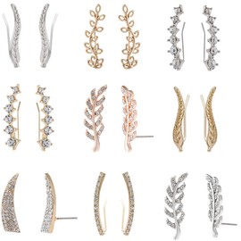 MERNARLAR 9 Pairs Gold Silver Rose Gold Crystals Ear Cuffs Earrings Simple Chic Hollow Leaf Crystal Ear Crawlers Earrings Set Hypoallergenic Earring