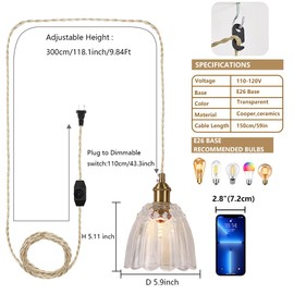 JC TOPA 9.84ft Plug in Glass Pendant Light Fixture, Vintage Dimmable Pendant Lights for Kitchen Island Bedside Bathroom Dining Room