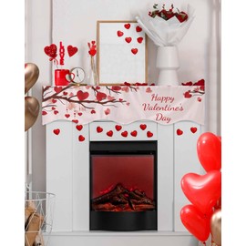 Heart Mantel Scarf Happy Valentines Day Fireplace Mantel Scarf Cover Red Heart Tree Fireplace Cloth Table Runner Decoration for Home Living Room Valentine's Day, Wedding, Anniversary 60 x 17 inch