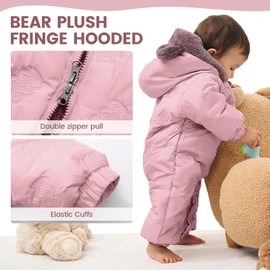 JiAmy Baby Snowsuit Hooded Romper Winter Outfits Boys Girls Cartoon Bear Fleece Jumpsuit Pink 12-18 Months