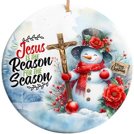 Sportyzen 2024 Christmas Ornament - Snowman & Jesus is The Reason for The Season Ceramic Ornament, Christian Gift for Families, Friends