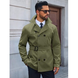 Runcati Mens Trench Coat Double Breasted Notched Lapel Jacket Casual Belted Windbreaker Overcoat