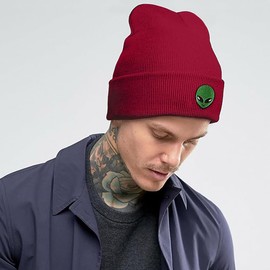 Red Alien Hip Hop Embroidered Beanie Hats for Men Women-Winter Warm Stretchable Fashion Knit Cuffed Beanie Hat