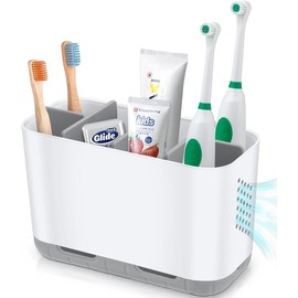 Toothbrush and Toothpaste Holder Drainage for Bathroom Countertop with Adjustable Dividers, Set Organiser toothbrush cover Plastic