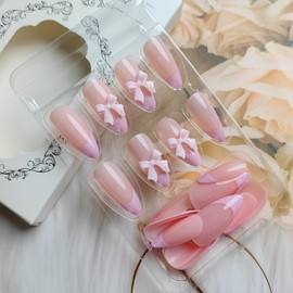 24Pcs Pink French Tip Press on Nails Short Almond Fake Nails with 3D Bow Nails Charm Design Glue on Nails French Nail Tips Stiletto Acrylic Nails Pink False Nails Cute Stick on Nails for Girl Manicure