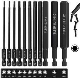 TLEEP 4" Allen Wrench Drill Bit Set 1.5mm-12mm, 1/4" Hex Shank Long Metric Hex Key Set with Case for IKEA Type Furniture, S2 Steel Black Drill Bits Tools for Narrow Spaces, 11 Pieces Full Sizes