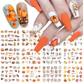 Fall Nail Art Stickers Maple Leaves Nail Water Decals Transfer Foils for Nail Supplies Thanksgiving Nail Stickers Autumn Maple Leaf Pumpkins Turkey Nail Design for Women DIY Manicure Decorations 12PCS