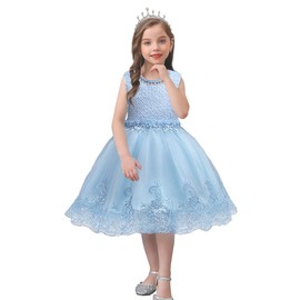 DreamHigh Vestido de noche adornado con perlas bordadas florales para niña de 3 a 10 años, Azul-cielo, 6