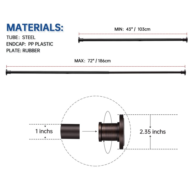 BRIOFOX Industrial Shower Curtain Rod - Never Rust Non-Slip 43-72
