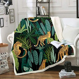 Leopard Fleece Throw Blanket Tropical Leaves Safari Cheetah Print Sherpa Blanket Boys Girls Botanical Wild Animal Plush Blanket Wildlife Style Decor Fuzzy Blanket for Sofa Bed,Single 50x60 Inch
