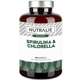 Nutralie Spirulina & Chlorella 1,800 mg Detoxification, Energy, Strength & Saturation Effect, Superfood Rich in Proteins & Vitamins, 180 Capsules 100% Vegan