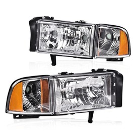 G-PLUS Headlights, Compatible with 1994-2001 Dodge Ram 1500/1994-2002 Ram 2500 3500(Not Fit for Sport Model & Ram Van Models), Driver & Passenger Side, Clear lens Chrome Housing Amber Reflector