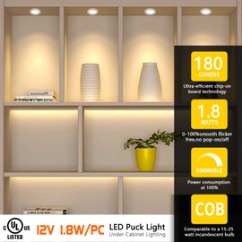 VST Under Cabinet Lights CCT 3000K-6500K, LED Puck Light Color Temperature and Brightness Adjustable with Touch Remote Dimmer and ETL-Listed Led Driver for Drawer Wardrobe Kitchen （White）