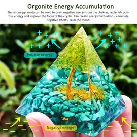 Tyuodna Orgonite Pyramid Crystal Energy Tower, Handmade Chakra Healing Crystals Pyramid, Nature Reiki Chakra Energy Healing with Reiki Chakra Crushed Stone and Tree of Life for Yoga Reiki Healing (C)