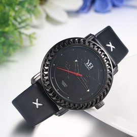 JewelryWe Men's Analogue Quartz Wrist Watch World Map Embossed Dial Gear Casual Watch with Leather Strap for Men Boys Black, black, Ribbon