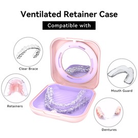 HEMILAB® Retainer Case, Slim Aligner Case with Vent Holes, Compatible with Invisalign, Mouth Guard Case with Mirror, Cute Orthodontic Retainer Case with Retainer Removal Tool and Brush, Pink