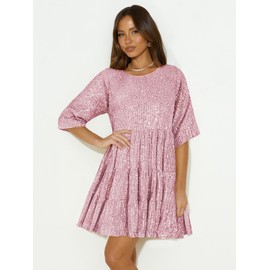Fancy Uyee Women's Summer Sequin Babydoll Dress Short Flowy Tiered Tunic Sparkle Glitter Dresses Party Club (Pink,L)
