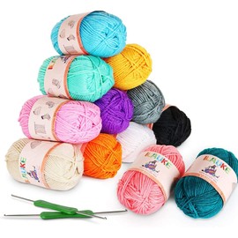 12 x 50g Multicoloured Acrylic Knitting Yarn with 2 Hooks for Knitting Yarn
