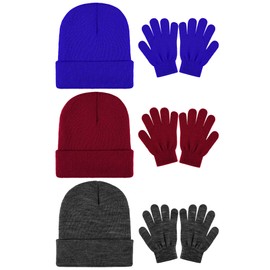 Cooraby 6 Pack Kid's Winter Beanies Hat Full Fingers Gloves Set Skull Winter Caps Stretchy Gloves for Boys Girls