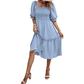 PRETTYGARDEN Women's Summer Casual Midi Dresses 2025 Spring Puff Sleeve Square Neck A-line Flowy Boho Smocked Beah Vacation Dress (Light Blue,L)
