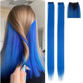 One Piece Clip In Hair Extension Highlights Streaks 25g - 40g (2, Blue - 20 Grams)