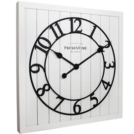 PresenTime & Co 21" Farmhouse Square Shiplap Barn Door Wood Clock - White, Arabic Numeral. Home Decoration/Wall Decoration/Farmhouse Décor for Living Room, Dining Room, and Entryway.