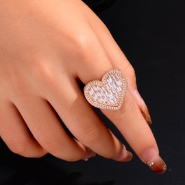 Iced Out Baguette Cz Diamond Heart Ring Jewelry, All Match Bling Bling Dainty Gold Pinky Ring Party Rose Gold Love Men Women Luxury Gift(Rose Gold, 7)