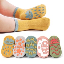 Baby Socks with Grip 5 Pairs, Ultra-Soft Cotton Anti-Slip Toddler Crew Socks For 0-12 Months/1-3/3-5/ Years Old Boys Girls Kids Infant Non Slip Ankle Socks Unisex Crawling Socks for Babies