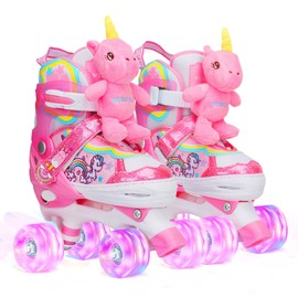 Unicorn Doll Kids Toddler Roller Skates for Girls,WESKIFAN Quad Skating Shoes with Shiny Light up Wheels&Adjustable Sizes Beginners rollerskates for Birthday Xmas Gifts,Patines para Niñas Niños