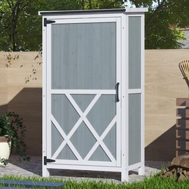 LUMISOL 54" H Two-Tone Storage Shed with Sloped Roof, Garden Wood Storage Cabinet with 5 Compartments, for Patio Garden Backyard, Grey+White