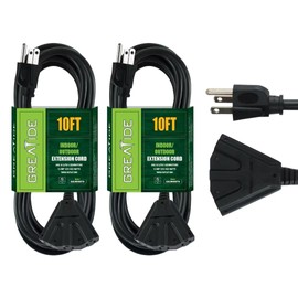 GREATIDE 2 Pack 10 Ft Outdoor Extension Cord with 3 Electrical Power Outlets - 16/3 SJTW Black Cable with 3 Prong Grounded Plug