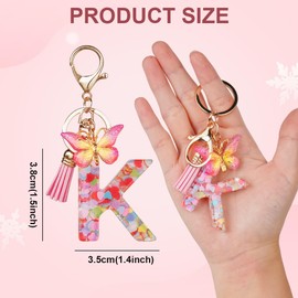 OSDUE Fashion Alphabet Initial Letter Keychain, Women Tassel Butterfly Pink Purple Cute Car Keyrin, Pink and Gold Resin Alphabet Keychain, Tassel Butterfly Pendant Key Ring for Wallet (J)