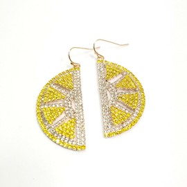 Crystal Avenue E0252 Yellow Clear Rhinestones Fruit Half Orange Shape Drop Dangle Hook Earrings